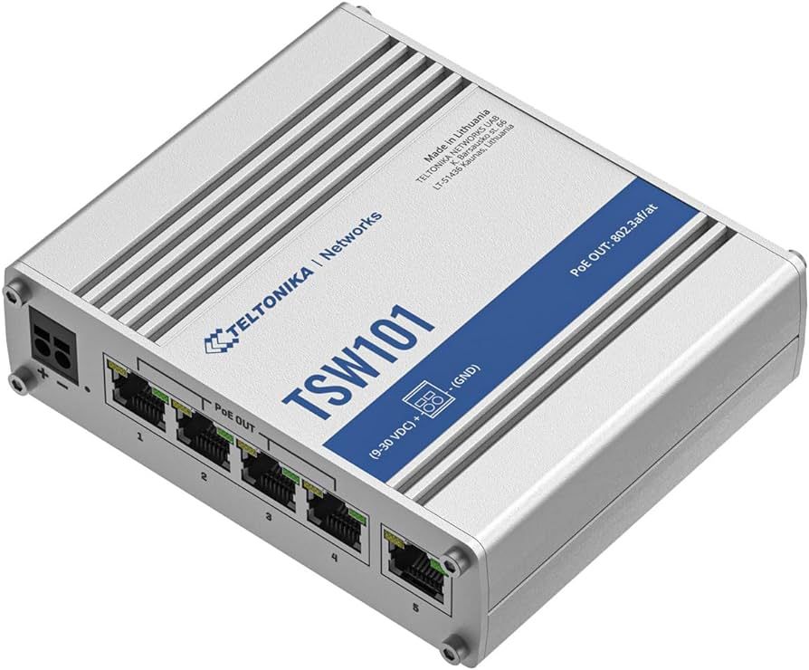 Teltonika TELTONIKA AUTOMOTIVE 5PORT POE+ SWITCH TSW101, interfata: 5 x ETH ports, 10/100/1000 Mbps, supports auto MDI/MDIX crossover, Standarde retea: 802.3i, 802.3u, 802.3ab, 802.3x, 802.3az, 802.3ad, Porturi POE: 1-4, Buget POE: 60W, Lungime cablu max: 100m, Latime de banda: 10Gbps, Carcasa aluminiu