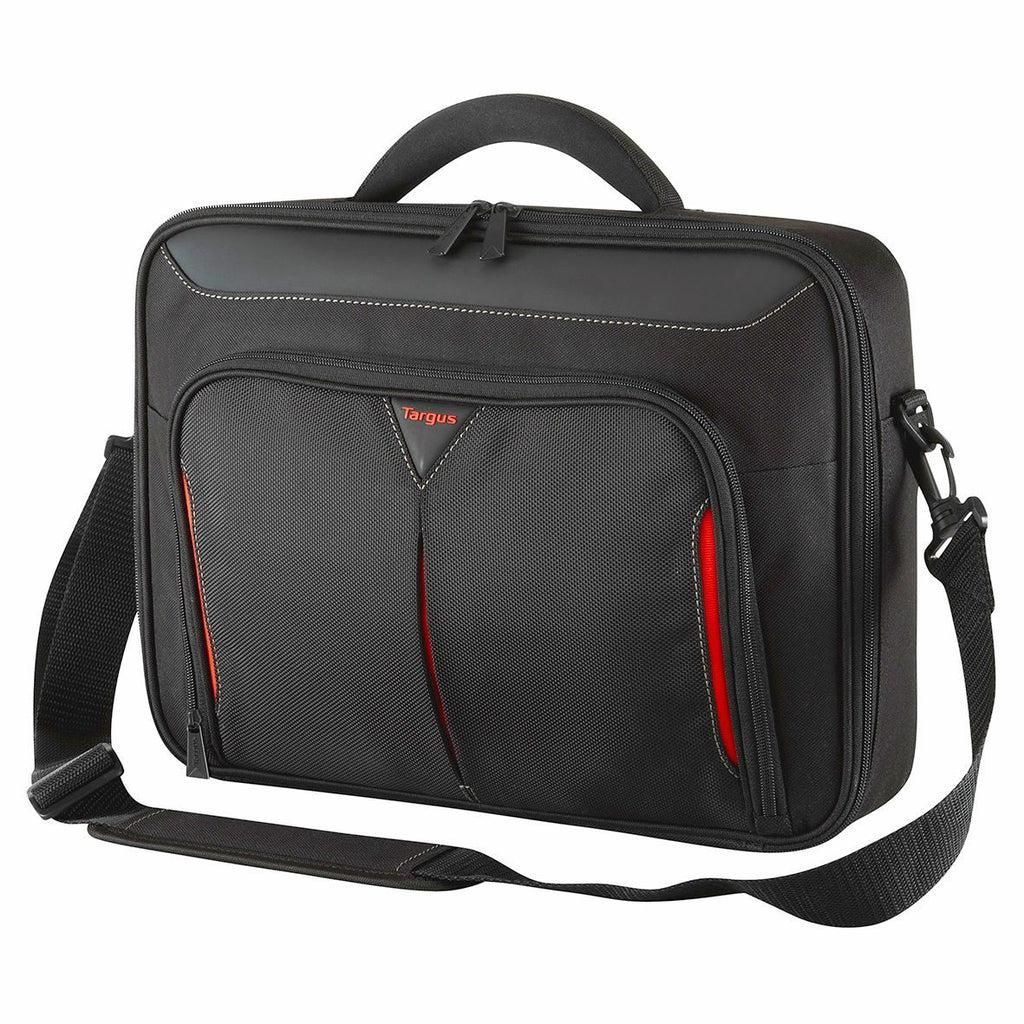 Geanta laptop Targus Classic Clamshell, pentru laptopuri de 14  sau mai mici, material poliester, dimensiuni: 38 x 7 x 34 cm, dimensiune compartiment laptop: 34.9 x 2.5 x 24.9 cm, greutate 0.56 kg, negru/rosu