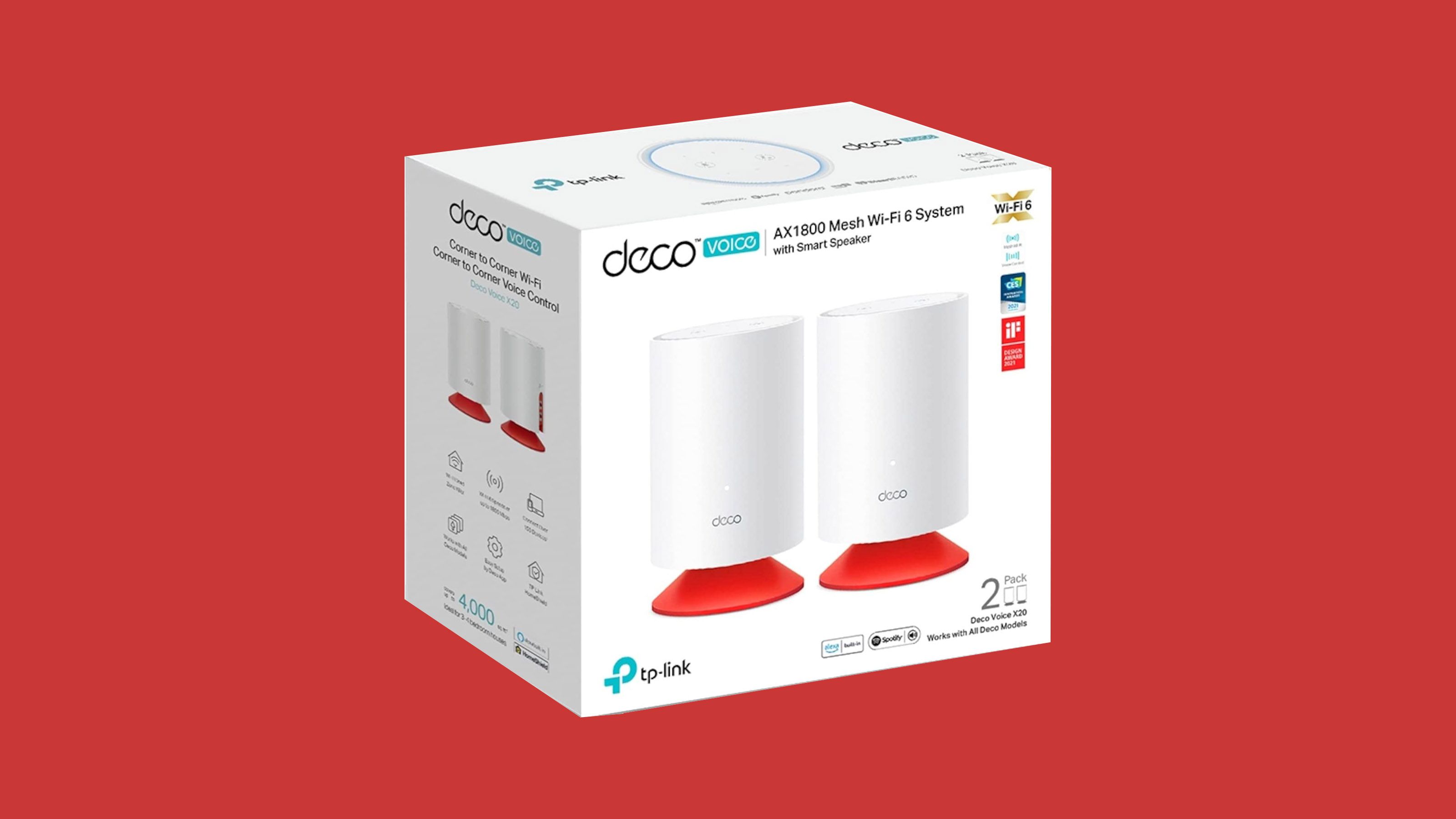 TP-LINK MESH TP-LINK, wireless, router AX1800, pt interior, difuzor incorporat, 1800 Mbps, port LAN, WAN, 2.4 GHz | 5 GHz, antena interna x 4, standard 802.11ax,  Deco Voice X20(2-pack)  (timbru verde 2.00 lei)