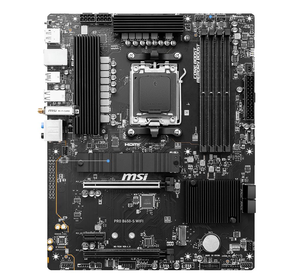 Placa de baza MSI PRO B650-S WIFI, socket AM5, 4x DDR5 UDIMM, 4x SATA, 2x NVMe, 13x USB-A, 2x USB-C, ATX