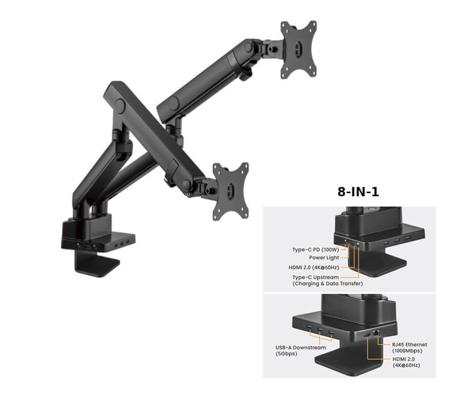 Suport 2 monitoare de masa cu Statie docking 8-in-1, Blackmount MNT20-2, 17 -32 , max.8 kg/brat, otel, negru
