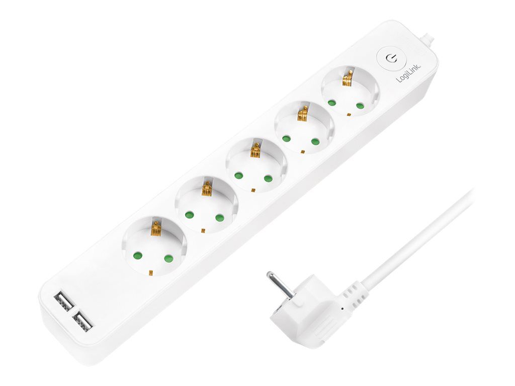 PRELUNGITOR LOGILINK, Schuko x 5, USB x 2 5V/2.1A (10.5 W), cablu 3G 1.5mm2, 230 V/16 A, 50 Hz, max. 3600 W, buton intrerupator iluminat, IP20, 1.5m, alb  LPS249U  (include TV 0.80lei)