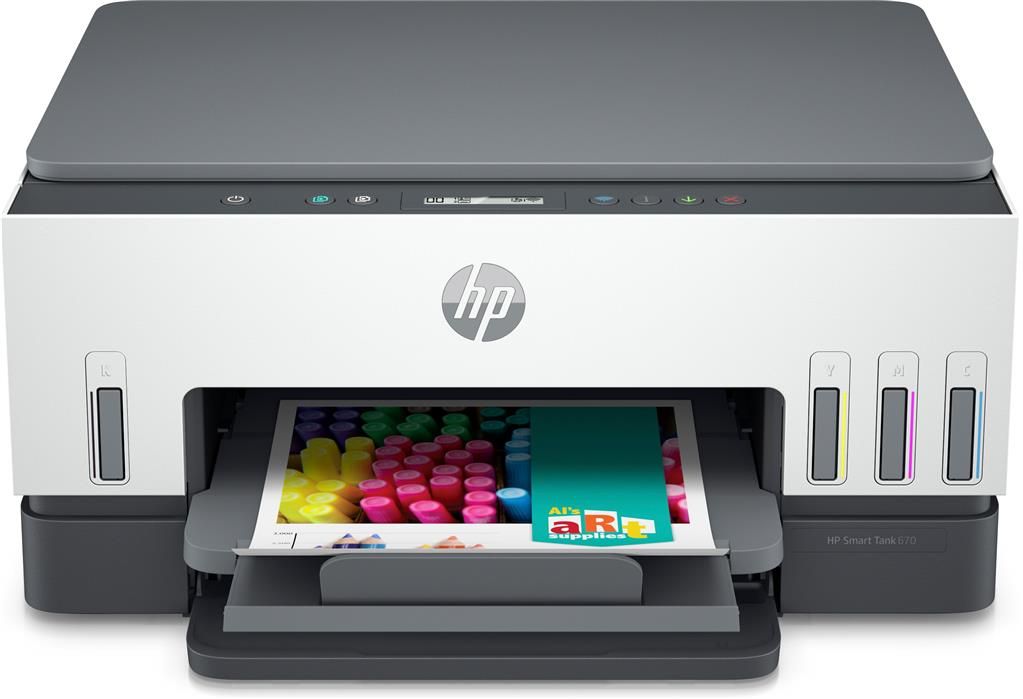 Imprimanta inkjet color HP Smart Tank 670, A4, duplex, USB 2.0, Wi-Fi, Bluetooth, 12 ppm negru, 7 ppm color