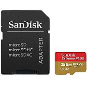 Micro Secure Digital Card SanDisk Extreme PLUS, 256GB, Clasa 10, R/W speed: up to 100MB/s/ 90MB/s, include adaptor SD (pentru telefon)
