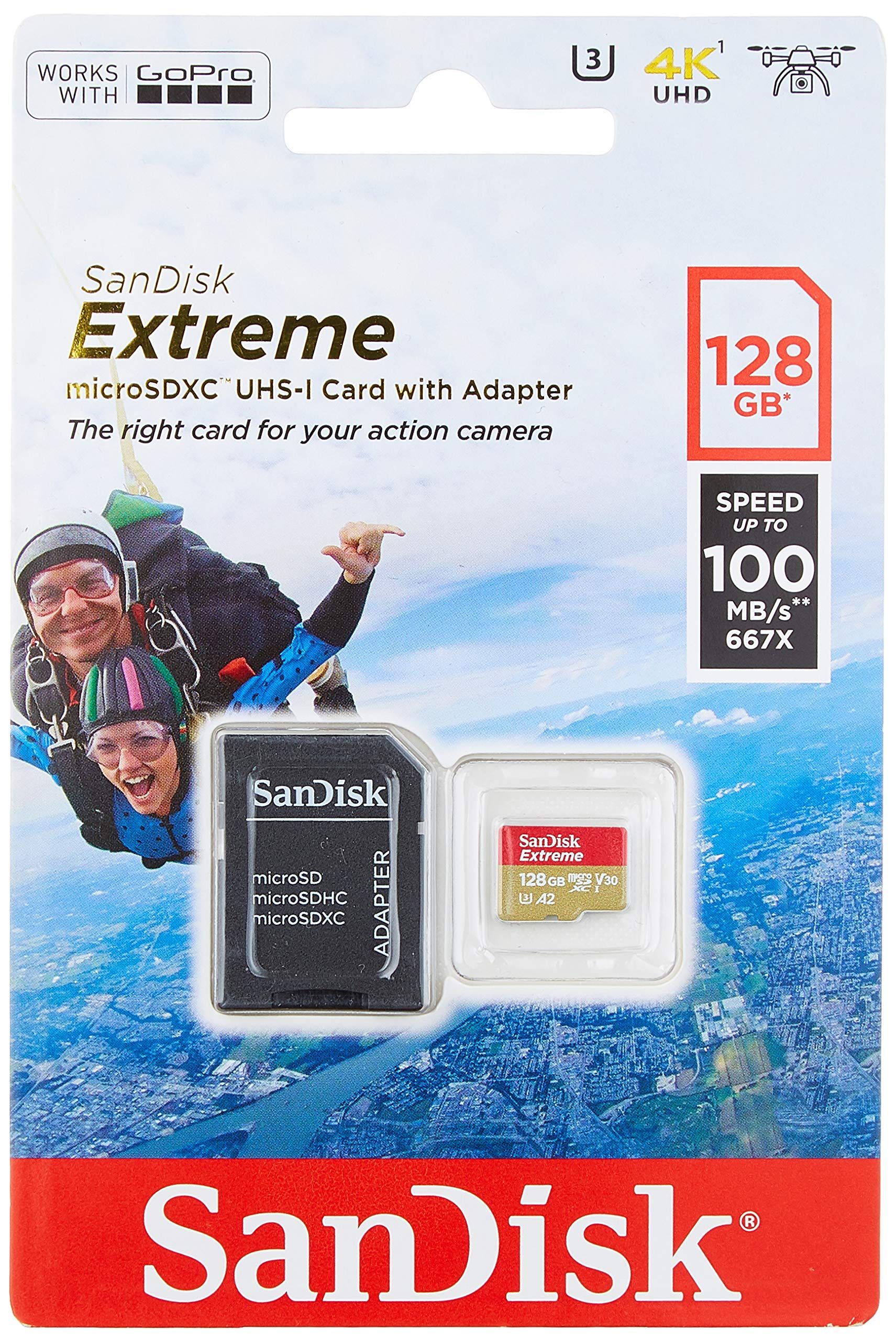Micro Secure Digital Card SanDisk Extreme, 128GB, Clasa 10, R/W speed: up to 100MB/s/, 90MB/s, include adaptor SD (pentru telefon)