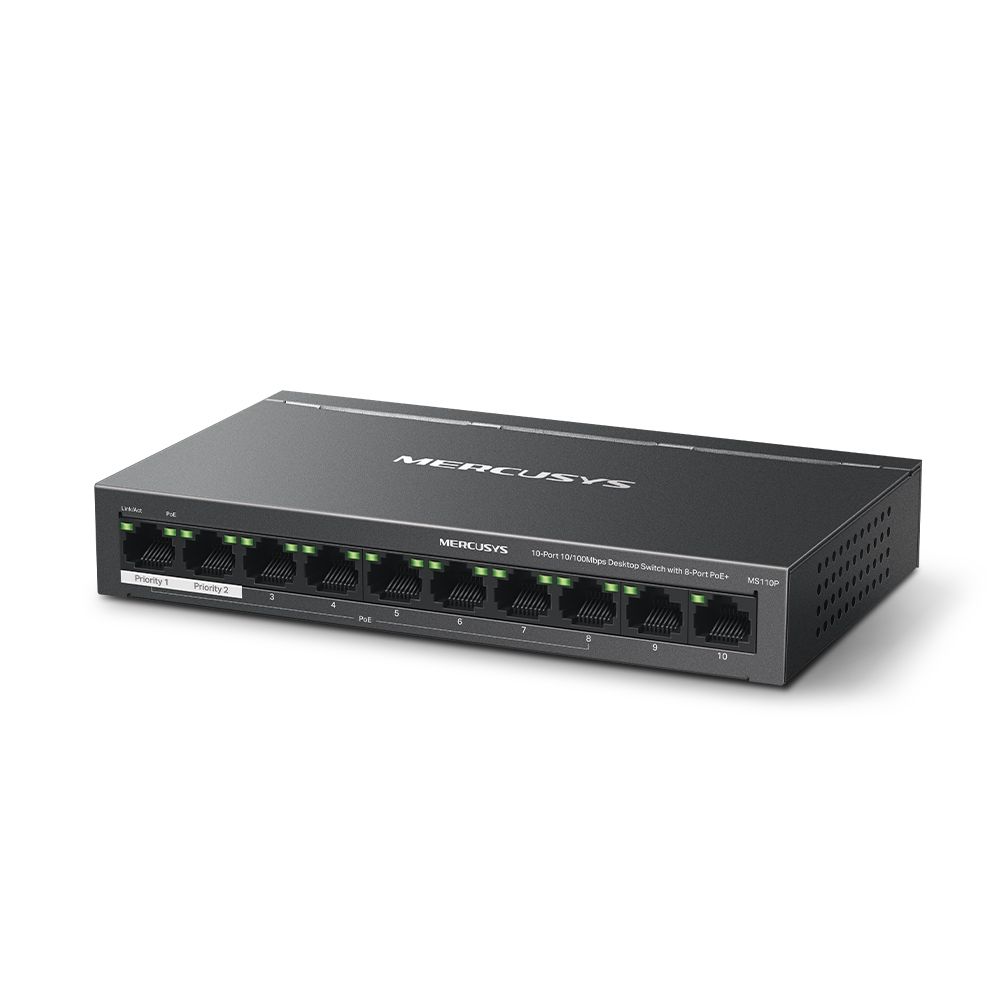 MERCUSYS MERCUSYS DESKTOP SWITCH 10PORT MS110P POE, Interfata:  10× 10/100 Mbps, Standarde si protocoale:  IEEE 802.3x Flow Control, Dimensiuni:  171*98* 27 mm, Porturi POE: 1-8, Buget POE: 65W.