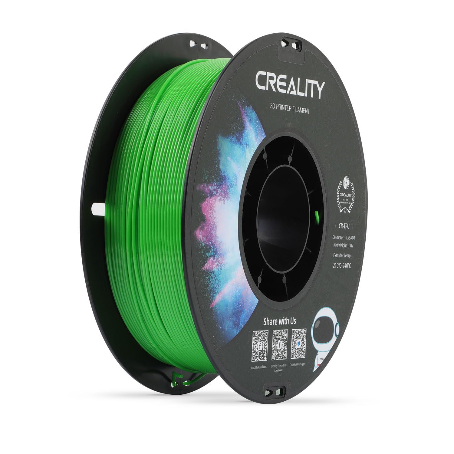 CREALITY CR-TPU 3D Printer Filament, Green, 1kg, elastic,rezistent UV, Printing temperature: 210-240, Filament diameter: 1.75mm, Size of filament wheel: Diameter 200mm, height 66mm, hole diameter 56mm. Utilizare: pana la 6 luni de la deschiderea ambalajului.