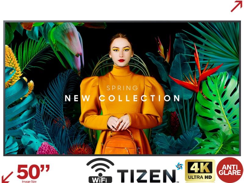 Ecran profesional LFD Monitor Signage Samsung QM50C, 50 , UHD, 24/7, 500nit, Edge LED BLU, 8ms, contrast static 4000:1, mătuire 25%,  Tizen 7.0, MagicINFO S10, CPU A72*4, stocare 16GB. Temperature sensor, auto source switching & recovery, Button Lock, Hot key option, Plug&Play. Conectivitate: WiFi