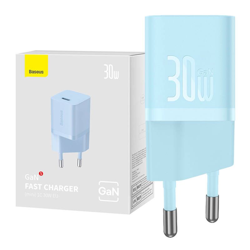 INCARCATOR retea Baseus Mini, GaN5 Fast Charger 30W, 1 x USB Type-C 5V/3A,  albastru  CCGN070603  (timbru verde 0.18 lei) - 6932172624453