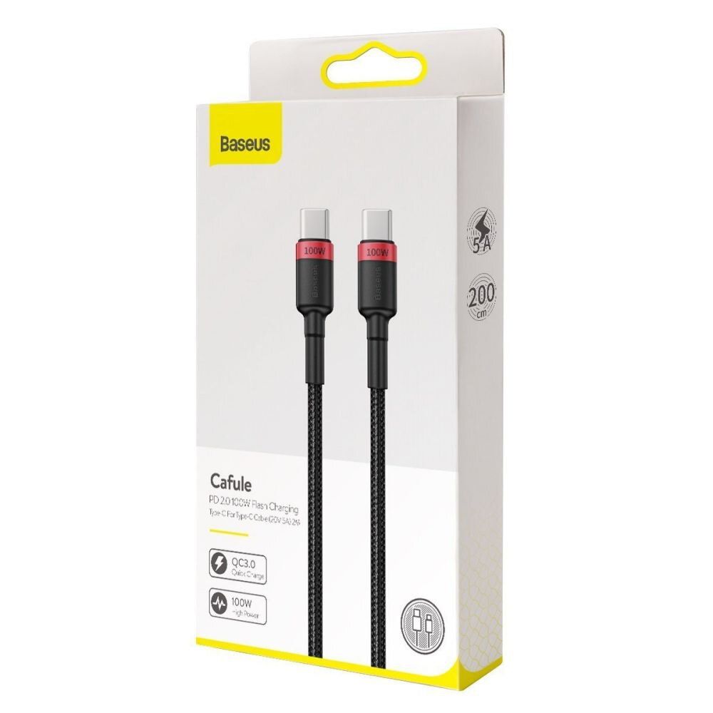 CABLU alimentare si date Baseus Cafule, Fast Charging Data Cable pt. smartphone, USB Type-C la USB Type-C PD2.0, 100W, braided, 2m, rosu + negru  CATKLF-AL91  (timbru verde 0.08 lei) - 6953156216372