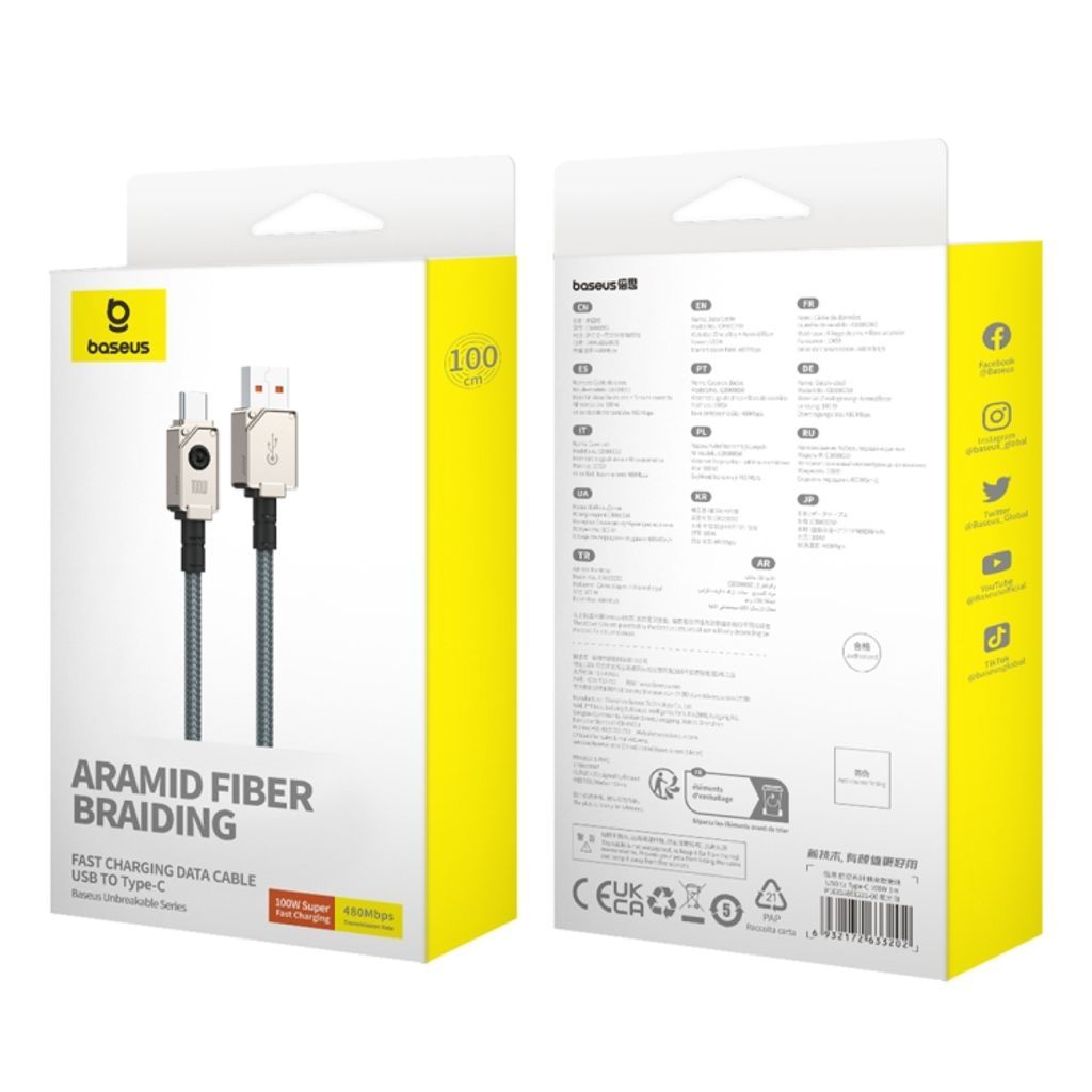 CABLU alimentare si date Baseus Unbreakable, Fast Charging Data Cable pt. smartphone, USB la USB Type-C 100W, 1m, braided aliaj zinc, alb  P10355801221-00  (timbru verde 0.08 lei) - 6932172633202