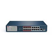 Switch PoE Hikvision DS-3E0318P-E/M(C): 16 × 10/100 Mbps PoE port,1× Gigabit RJ45 port,1 × Gigabit combo, 16 porturi PoE maxim 30W, buget PoE 130W, tensiune alimentare 100~240 V AC, 50/60 Hz, Max. 2.5 A., dimensiuni: 335.0 mm × 44.5 mm × 175.8 mm, greutate: 1.8kg, montare pe birou sau pe perete.