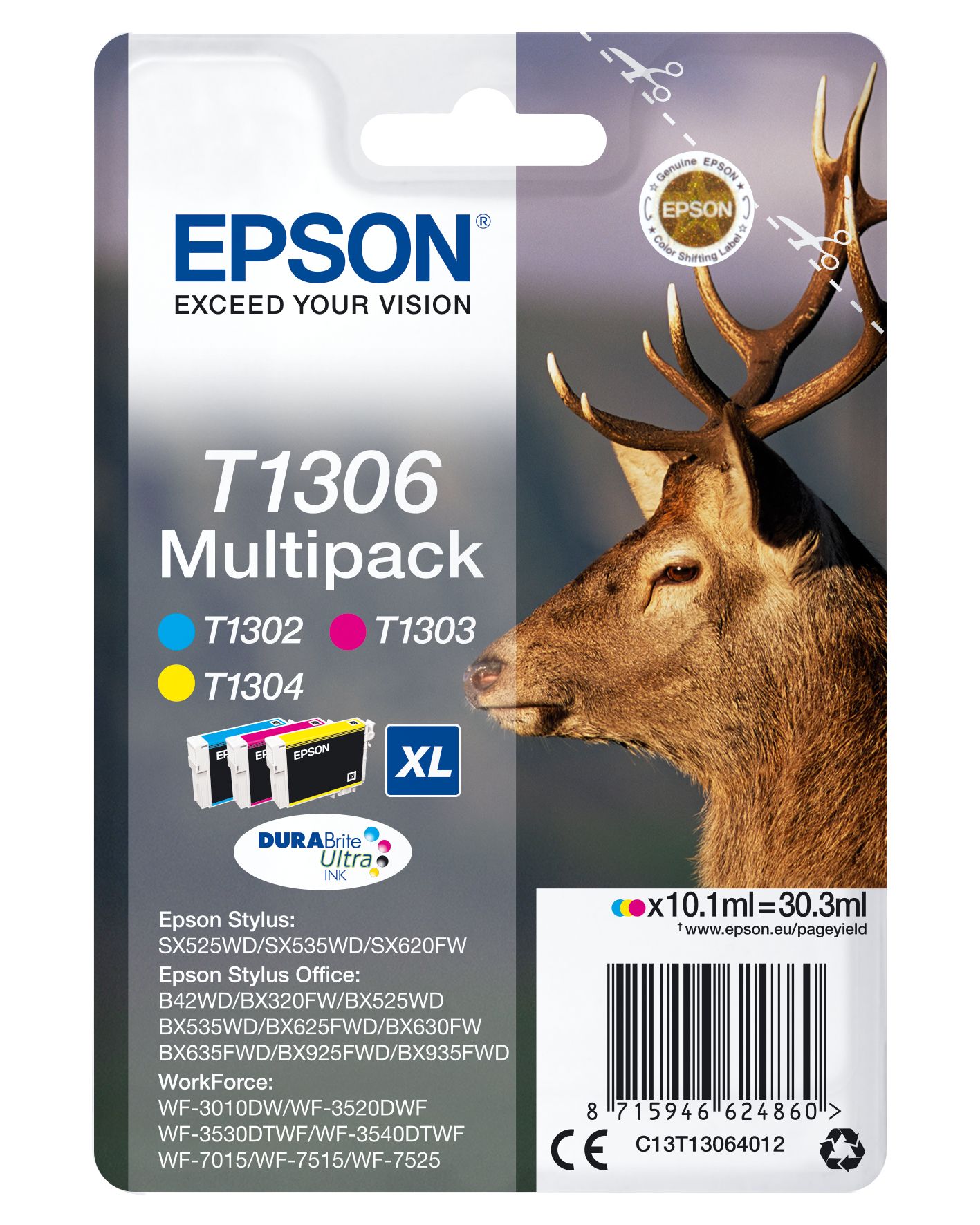Epson Stag Multipack 3-Coulered T1306 DURABrite Ultra Ink