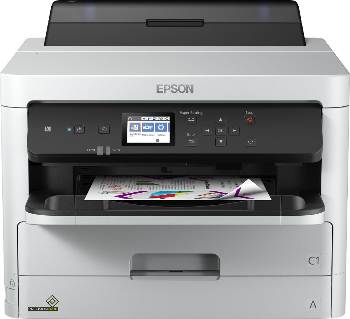 Epson imprimanta A4 Color WorkForce Pro WF-C529RDW, Tehnologie printare: PrecisionCore™, RIPS, FPO: 4.8s mono, 5.3s color, Viteza printare: 24ppm mono si color, Duplex, rezolutie:4.800 x 1.200 DPI, Volum maxim lunar: 50.000 pagini, Culori:Black, Cyan, Yellow, Magenta, Interfata: USB, Retea, WI-FI