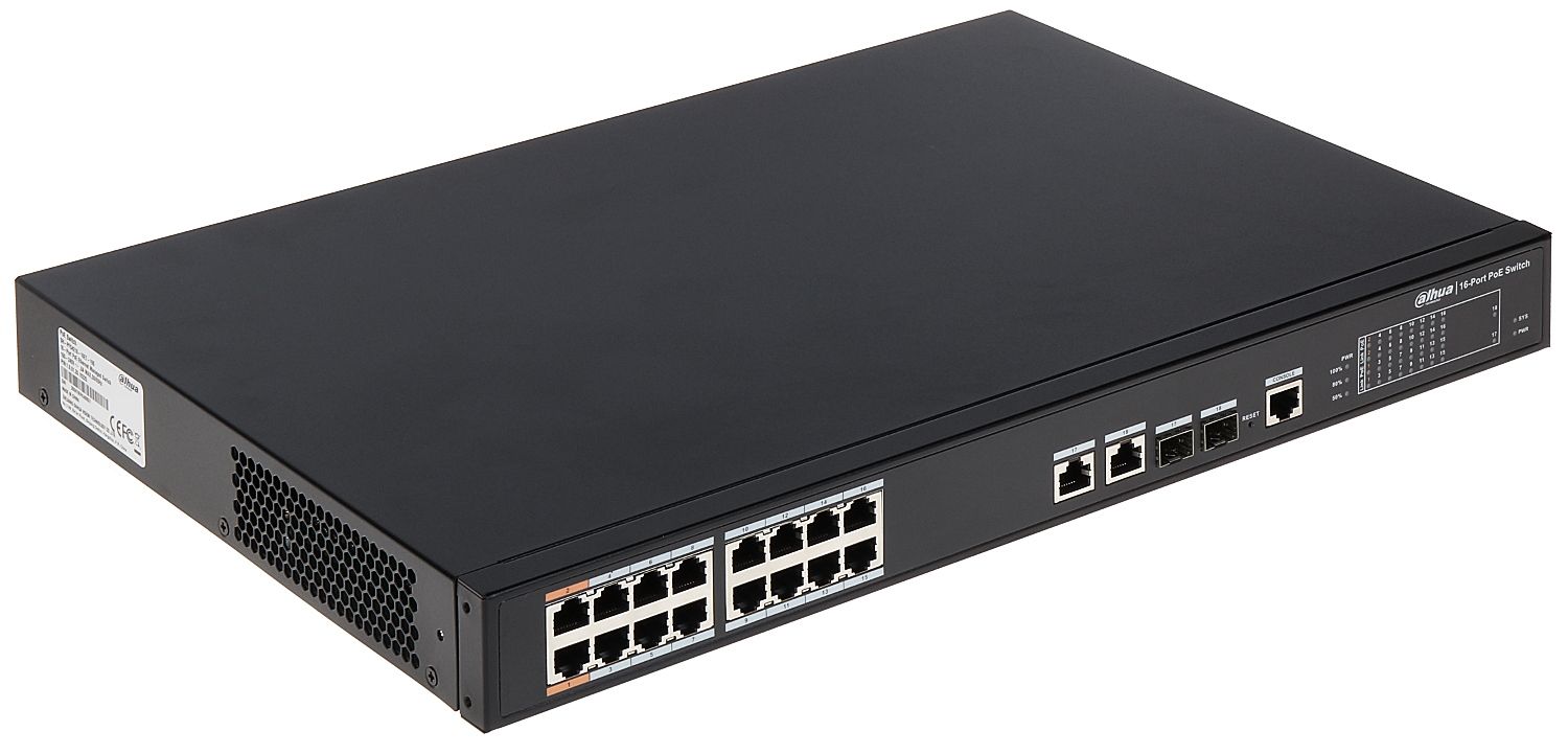 DAHUA Dahua Managed switch 16 porturi PFS4218-16ET-240, Interfata: 16 x RJ45 - 10/100 Base-T (14 PoE (802.3af/at) + 2 Hi-PoE / PoE (802.3bt) / PoE (802.3af/at)), 2 x port Combo SFP (1000 Base-X) / RJ45 (10/100/1000 Base-T) - Uplink, 1 x RJ45 - Consola, Dimensiuni: 440 x 300 x 44 mm, Greutate 3.2 kg
