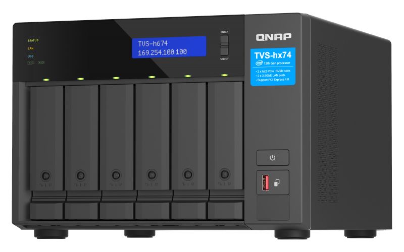 QNAP TVS-h674-i5-32G NAS Tower, 6 disk bays, Intel Core i5-12400 6-core 12-thread processor, up to 4.4GHz