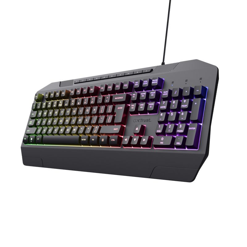 Tastatura Trust cu fir GXT836 Evocs, numar butoane 114, interfata USB 2.0, conector USB-A, iluminare RGB rainbow, negru