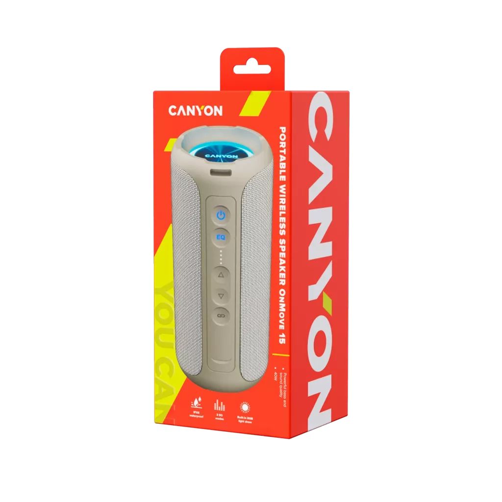 CANYON OnMove 15, Bluetooth speaker,Beige, IPX6,2*20W,7.4V 2600mah battery, EQ,TWS,AUX,Hand-free