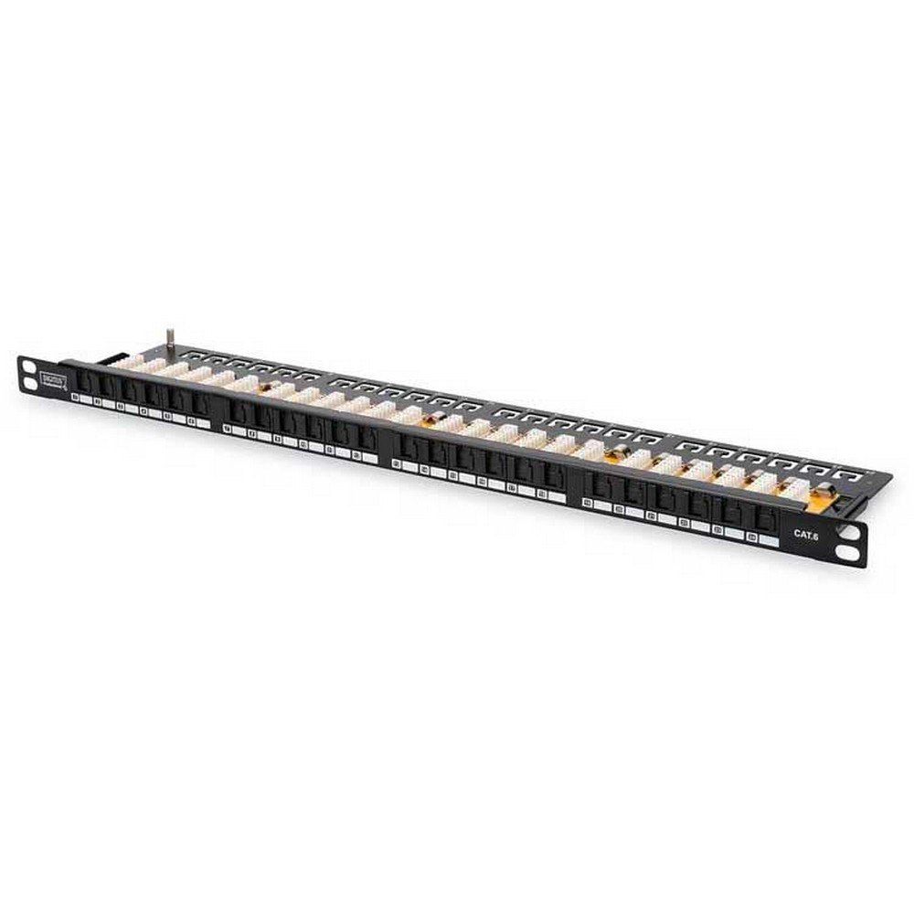 CAT 6 Patch Panel, unshielded, 24-port RJ45 24-port RJ45, 8P8C, LSA, 1U, bl, 482x44x109 mm, black