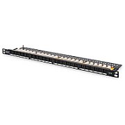 CAT 6 Patch Panel, unshielded, 24-port RJ45 24-port RJ45, 8P8C, LSA, 1U, bl, 482x44x109 mm, black