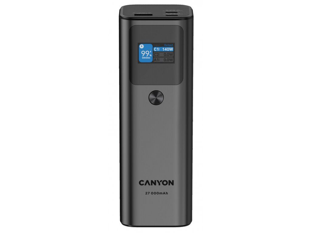 CANYON PB-2010, allowed for air travel power bank 27000mAh/97.2Wh Li-poly battery, in/out:2xUSB-C PD3.1 140W, out:USB-A QC 3.0 22.5W,TFT display,Dark Grey