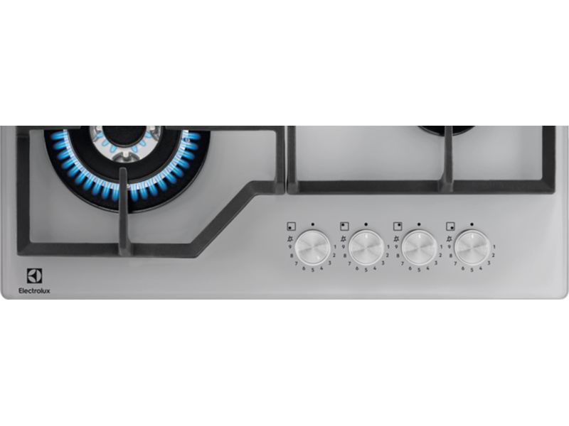 PLITA PE GAZ ELECTROLUX KGG64362S, Plita gaz 60 cm 4 arzatoare gaz Arzator Wok Aprindere electrica integrata Control cu butoane  frontal Dispozitiv siguranta Gratare de fonta Gaz pe sticla Culoare silver