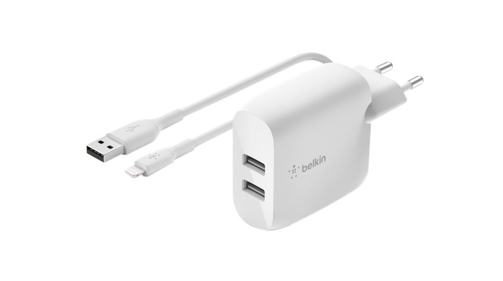 DUAL USB-A CHARGER/W/USB-C CABLE 1M 24W WHITE