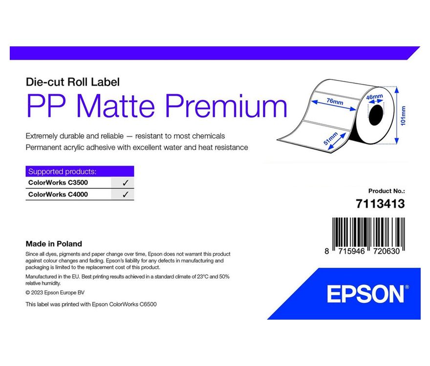 PP MATTE LABEL PREM DIE-CUT/ROLL 76X51MM 535 LABELS