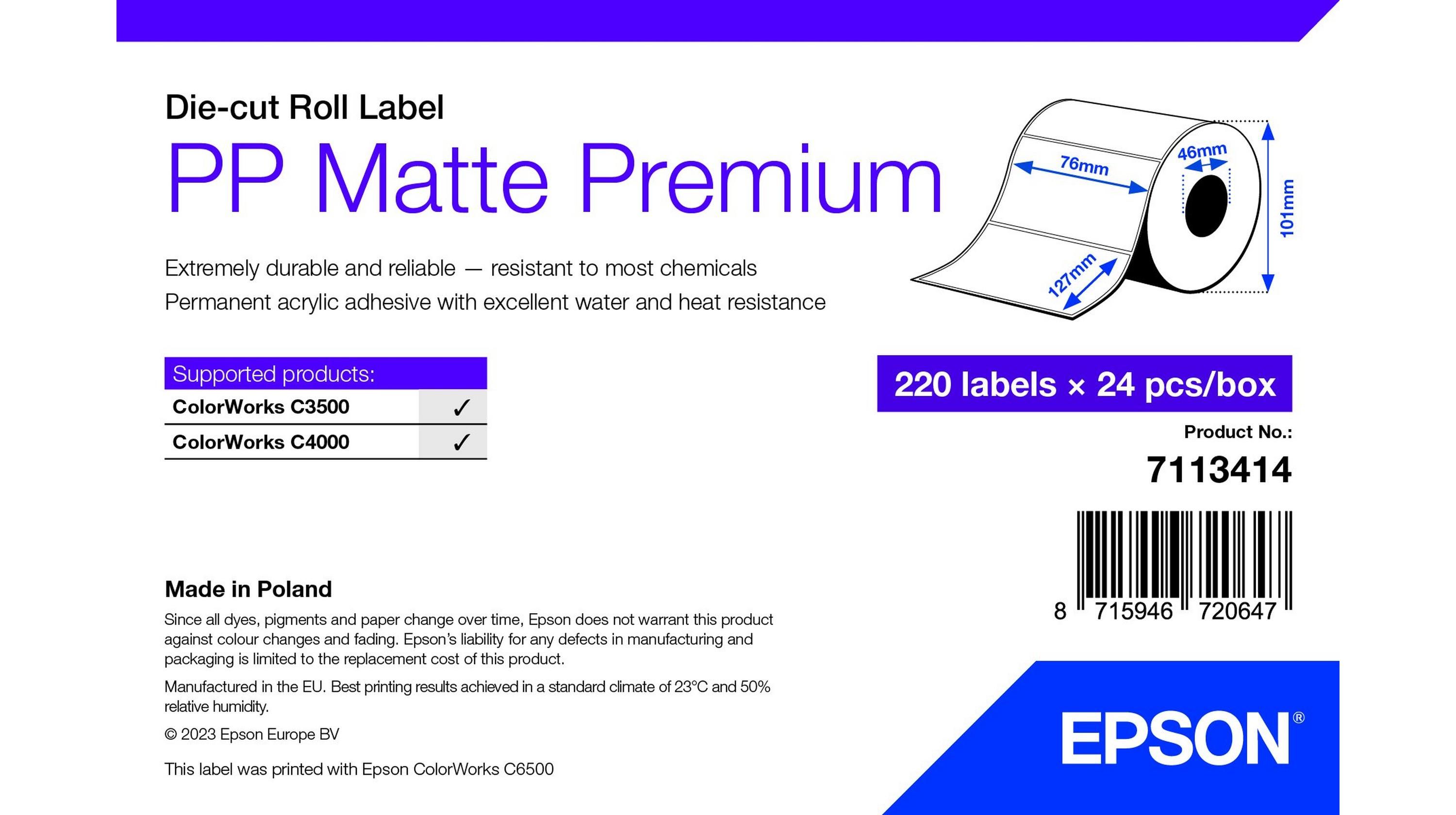 PP MATTE LABEL PREM DIE-CUT/ROLL 76X127MM 220 LABELS