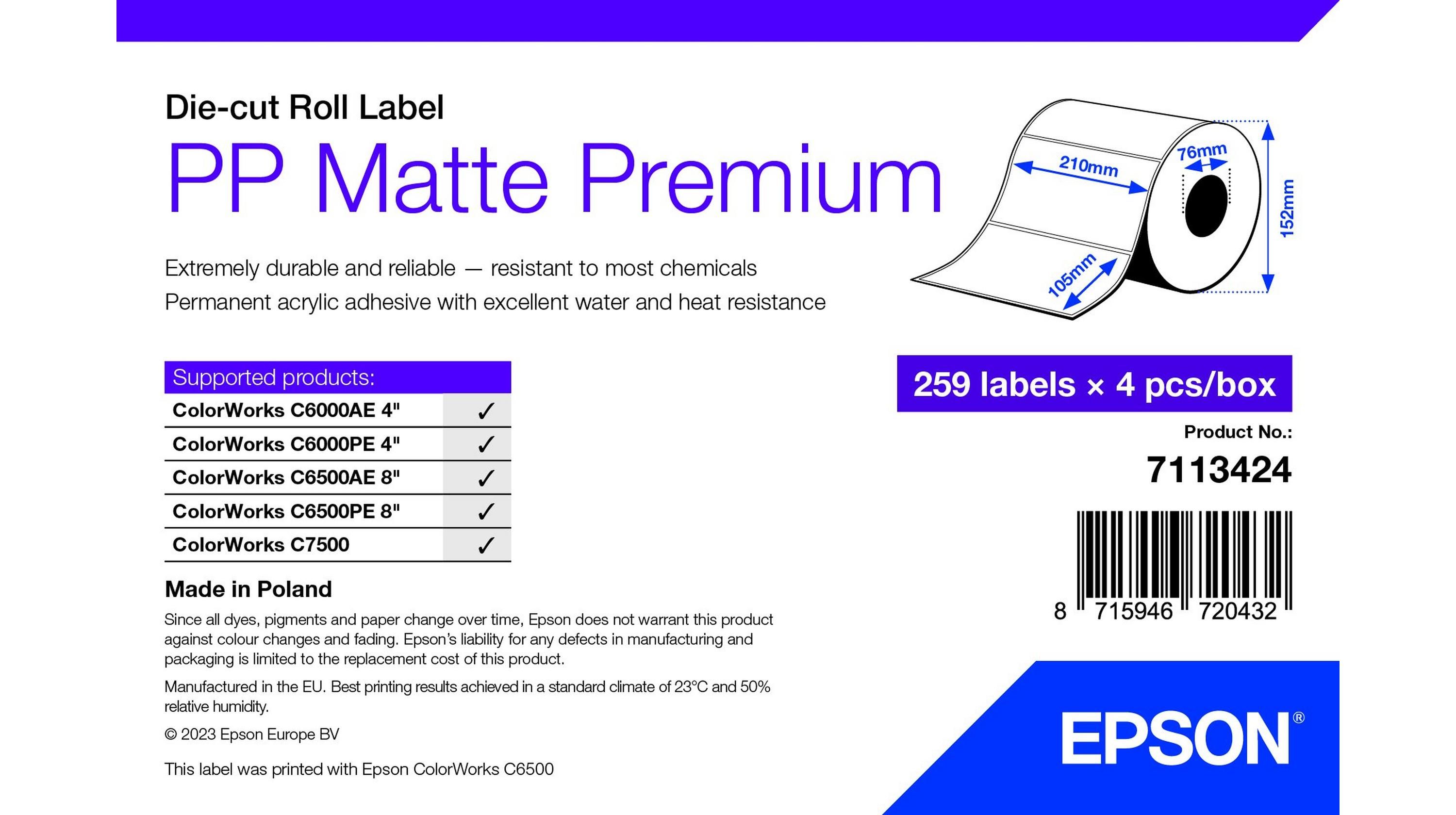 PP MATTE LABEL PREM DIE-CUT/ROLL 105X210MM 259 LABELS