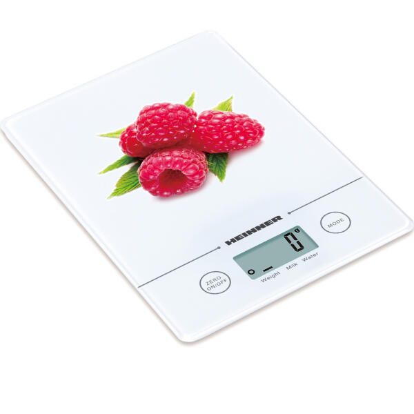 Cantar de bucatarie Heinner HKS-5-RSB, capacitate: 5kg, functie Tara (zero), cantarire lichide (apa, lapte), gradare: 1g, display LCD, buton Touch, senzor de precizie, oprire automata, indicatori baterie/supraincarcare, baterie 1x3V Li inclusa