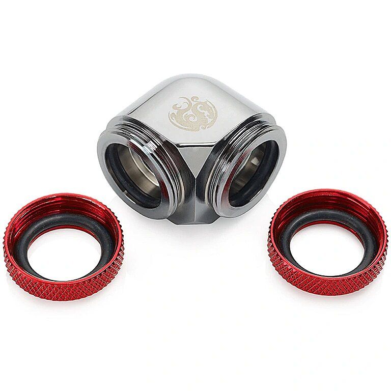 Bitspower Adapter 90 Degree 14mm OD Hardtube to 14mm OD Hardtube - Black Glossy/Red