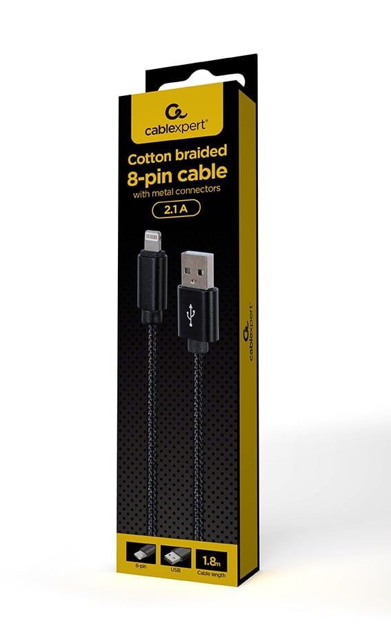 Gembird CCDB-mUSB2B-AMLM-6 Cotton braided 8-pin cable with metal connectors  1.8 m  black