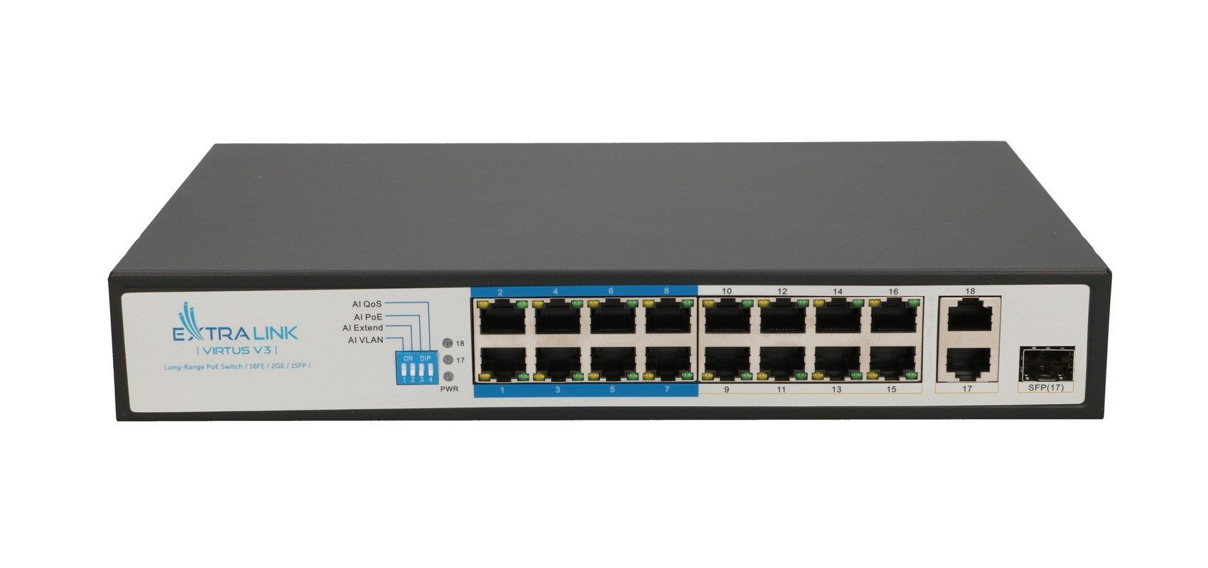 Extralink Extralink PoE Switch VIRTUS V3 16x 100Mb/s PoE/PoE+  2x Gigabit RJ45 + 1x SFP  150W
