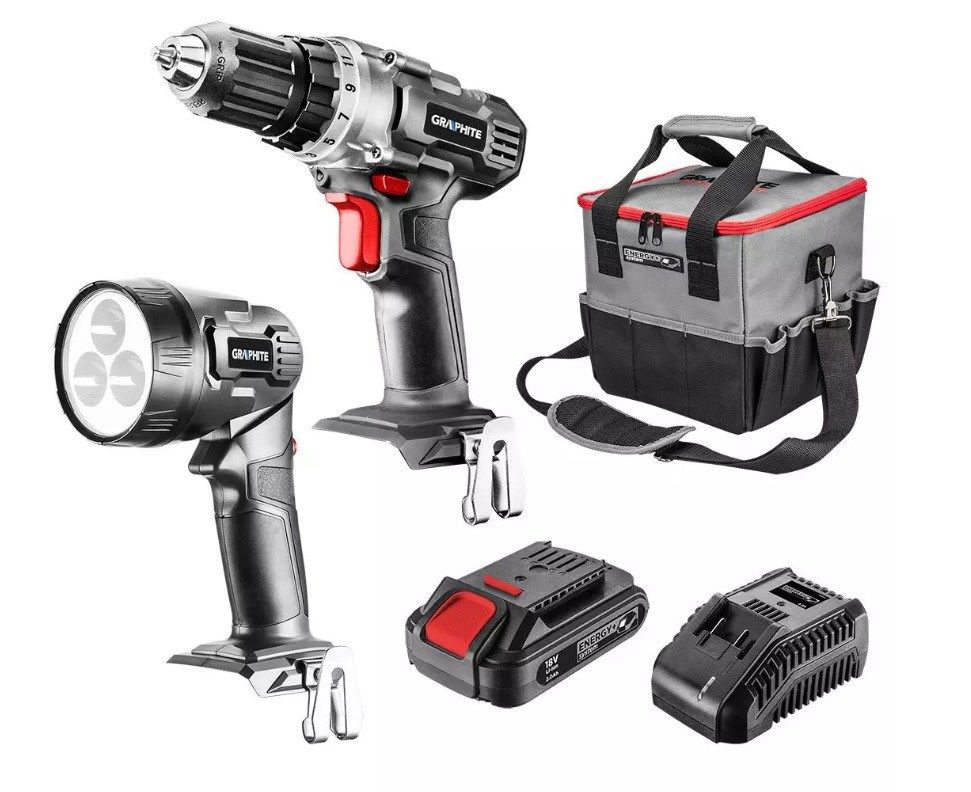 Graphite cordless tool set drill/driver  flashlight  bag  Energy+ 18V battery and charger