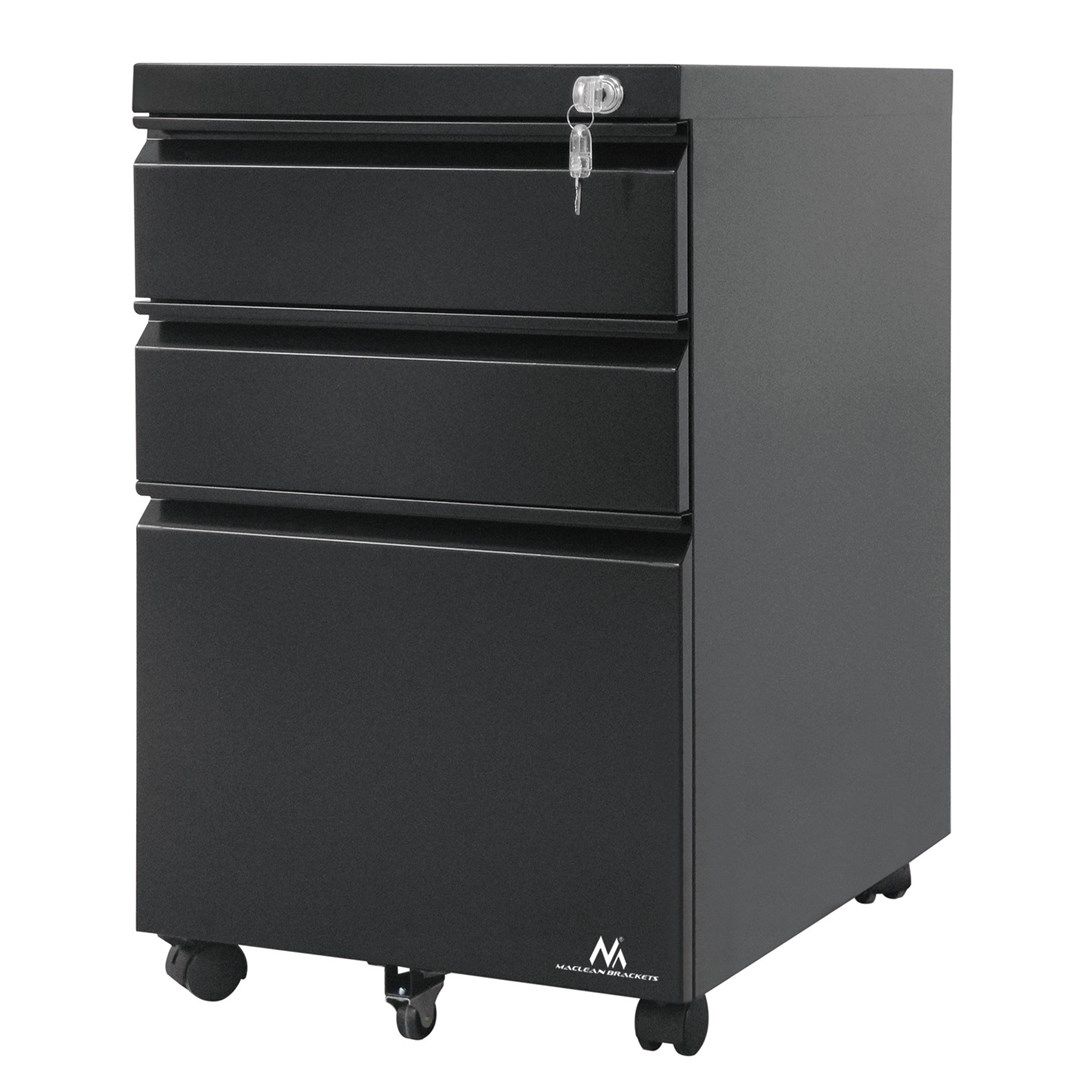 Under-desk cabinet metal container with lock Maclean  on wheels  black  MC-850