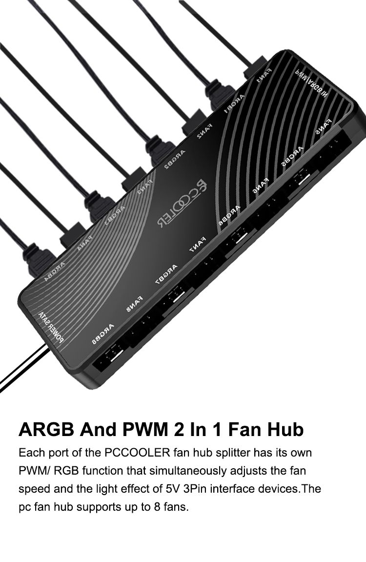 Fan HUB PCCooler, 8 port x 4pin PWM 8 port x 3 pin adresabil RGB, SATA,  ARGB HUB-H01 