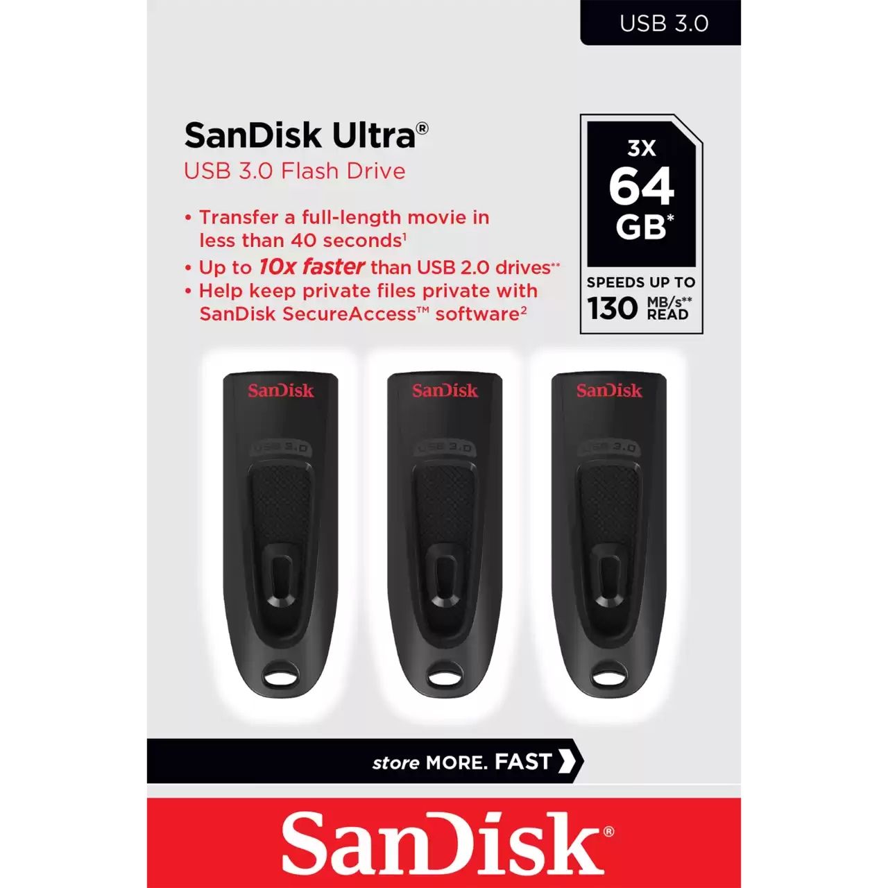 ULTRA 64GB USB 3.0 FLASH DRIVE/130MB/S READ 3 PACK (BLACK)