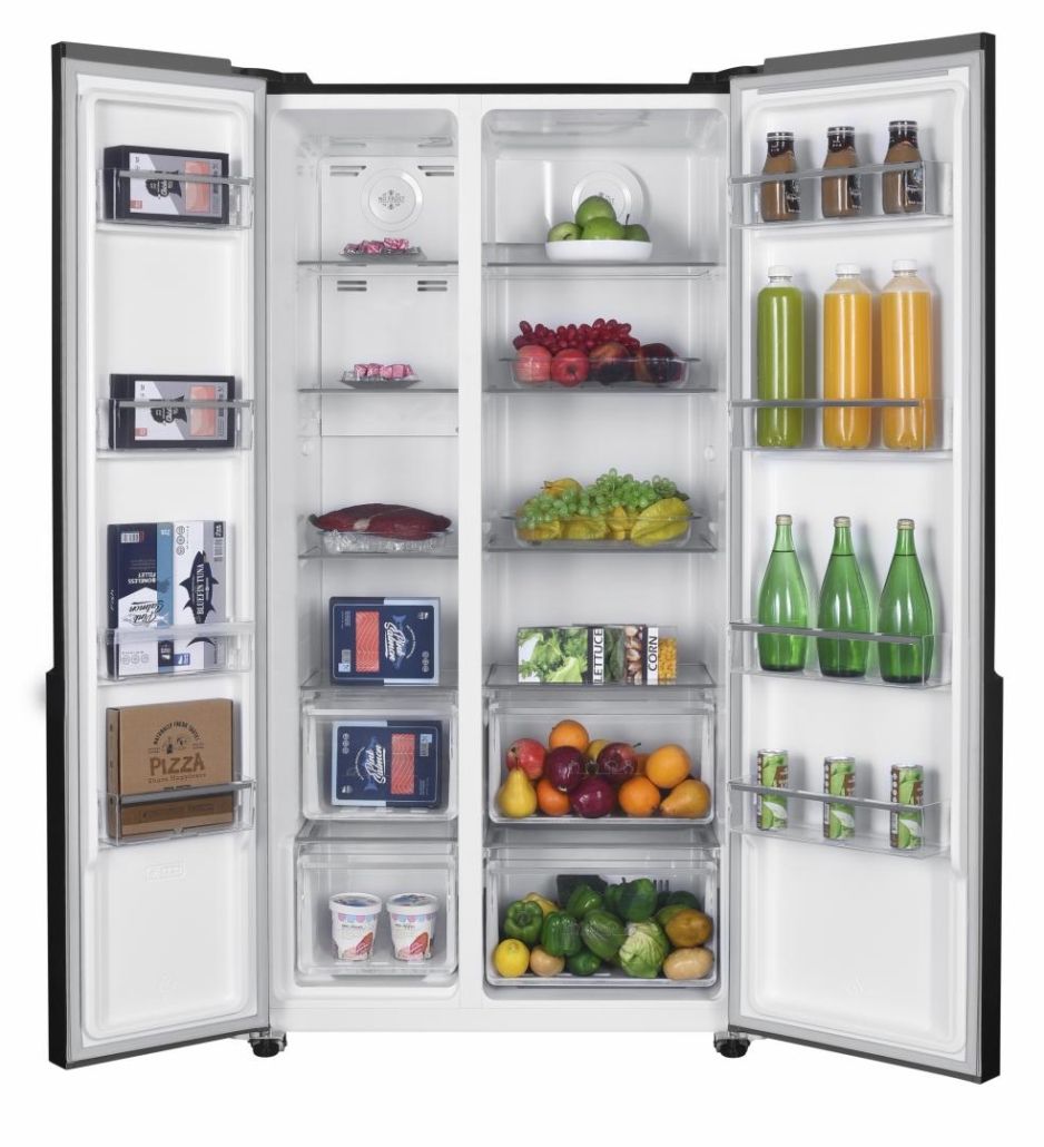 Side by side Heinner HSBS-HM532NFGWHE++, Full No Frost, clasa energetica: E, compresor Inverter, usa sticla alba, display LED cu control touch, capacitate totala: 532L, capacitate frigider: 347L, capacitate congelator: 185L, functie SMART, functie ECO, Super Cooling, Super freezing, alarma usa