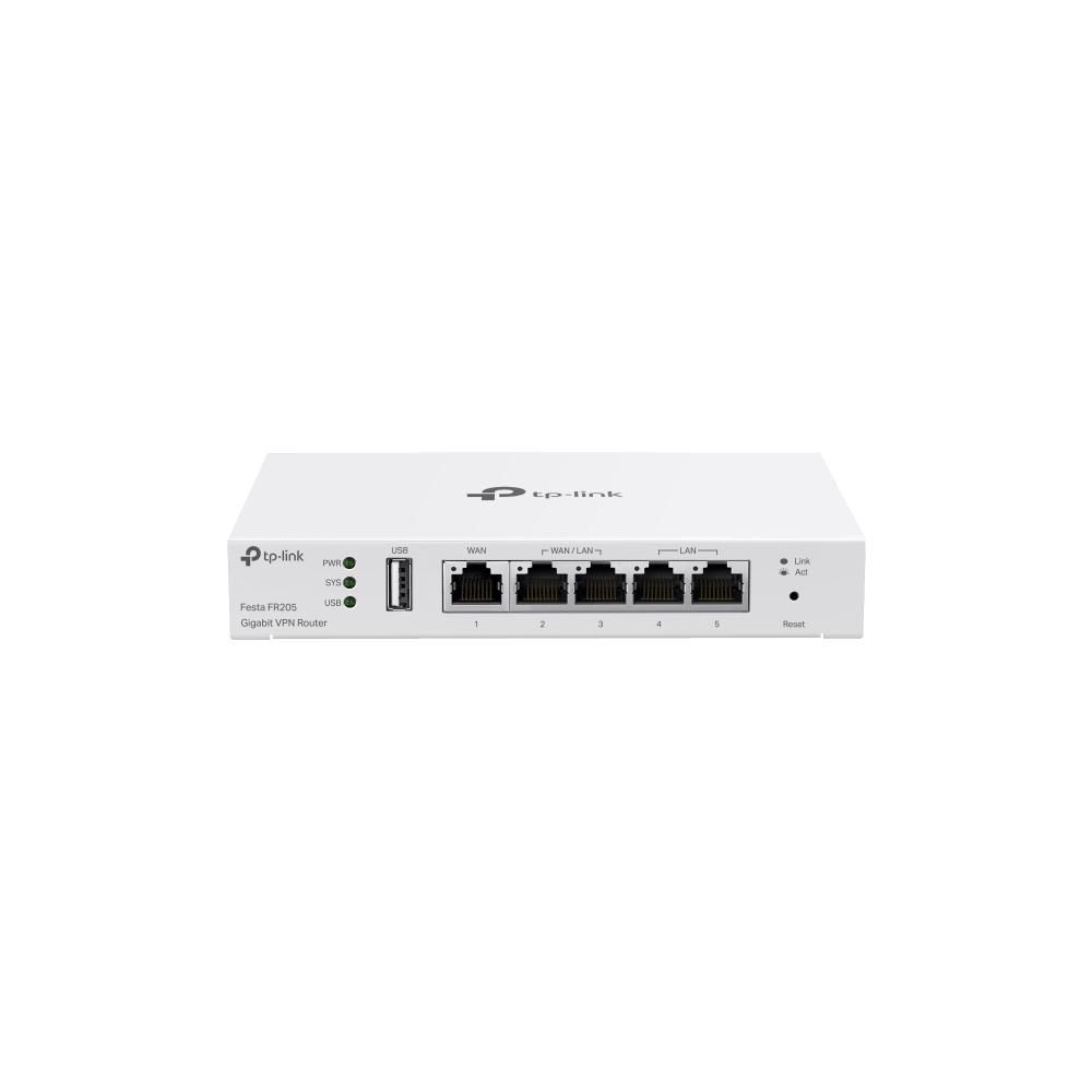 TP-LINK TP-Link Gigabit VPN Gateway FESTA FR205, interfata 1× Gigabit WAN port, 2× Gigabit WAN/LAN ports, 2× Gigabit LAN ports, 1× USB 2.0 (supports USB LTE dongle‡), fara ventilatoare, DRAM 256 MB DDR, 802.1Q VLAN