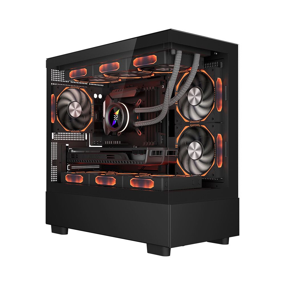 Carcasa 1STPLAYER MI5 Mid Tower ARGB NEGRU, Tempered Glass, Sloturi Expansiune 4, Drive Bays: 1x3.5 HDD 1x2.5 SSD sau 2x3.5 HDD, Ventilatoare Suportate: 9 (spate: 1x120mm, fata: 2x120mm, sus: 3x120mm, jos: 3x120mm), Ventilatoare Incluse: 6 (fata: 2x120mm, jos: 3x120mm, spate: 1x120mm), Format Placa