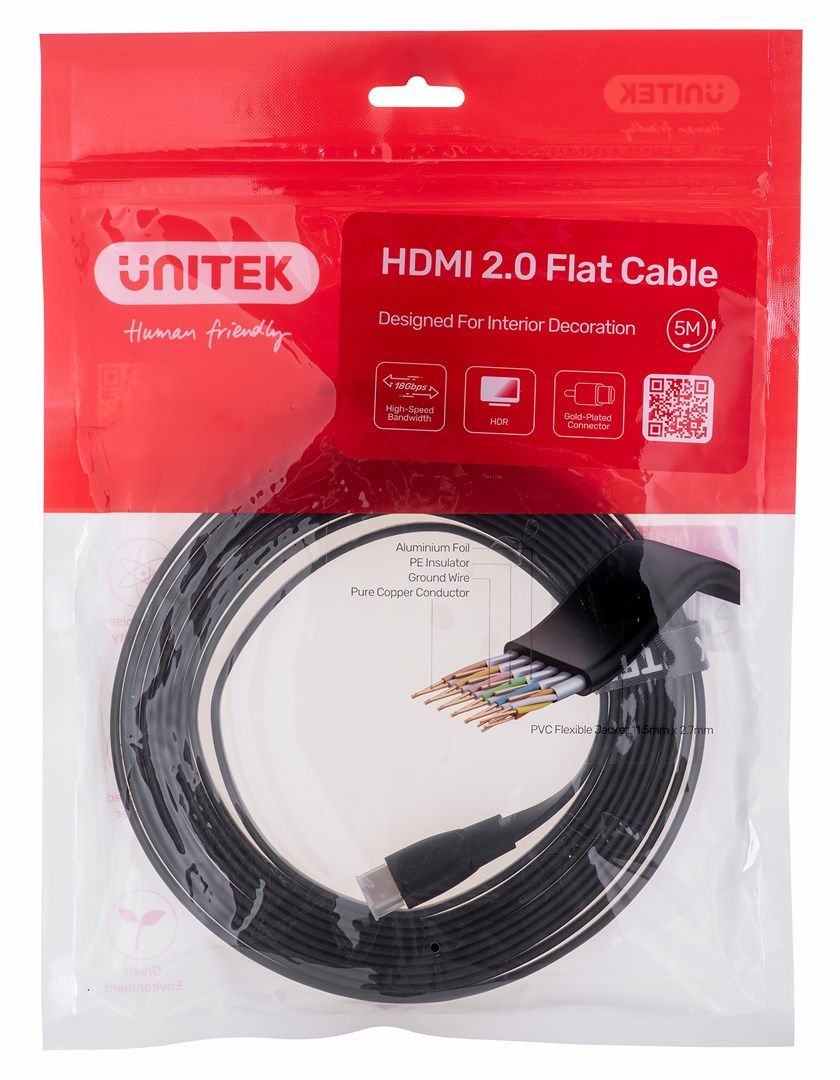 UNITEK HDMI CABLE 2.0 4K60HZ FLAT  5M  C11063BK-5M