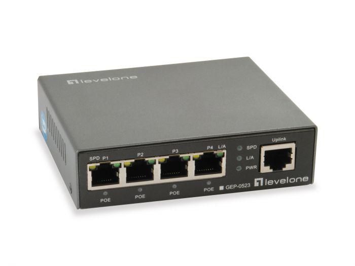 LEVELONE LevelOne GEP-0523, 5-Port Gigabit PoE Switch, 802.3at/af PoE, 4 PoE Outputs, 60W, 96 x 30 x 111 mm