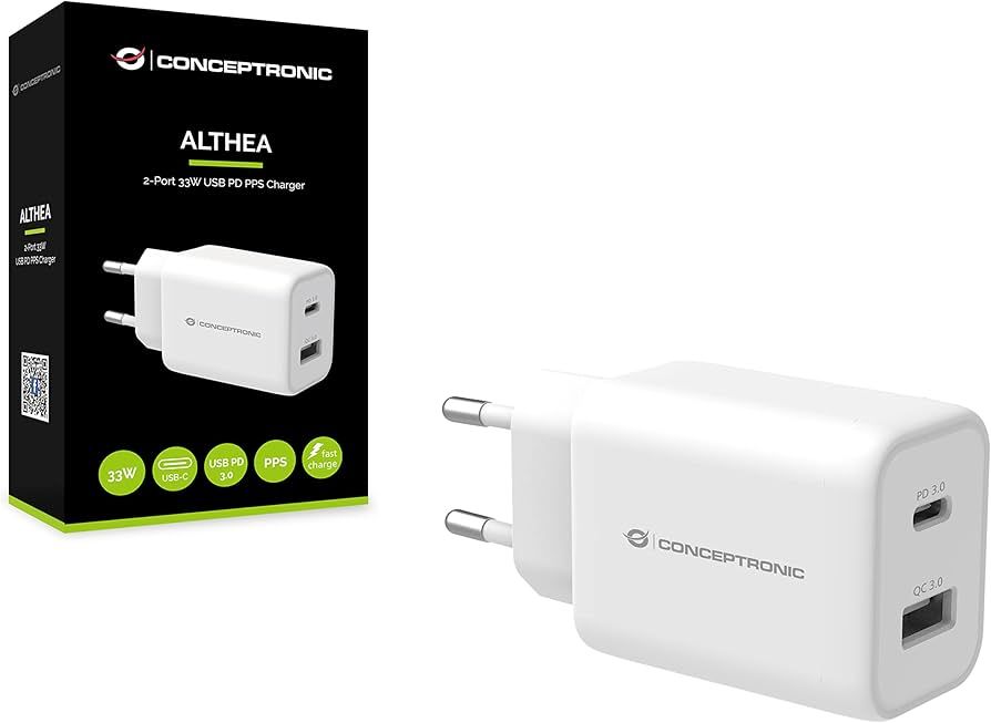 CONCEPTRONIC ALTHEA11W 2-Port 33W PPS USB PD Charger, USB-A x 1, USB-C x 1, QC 3.0, 40.2 x 65.7 x 30 mm