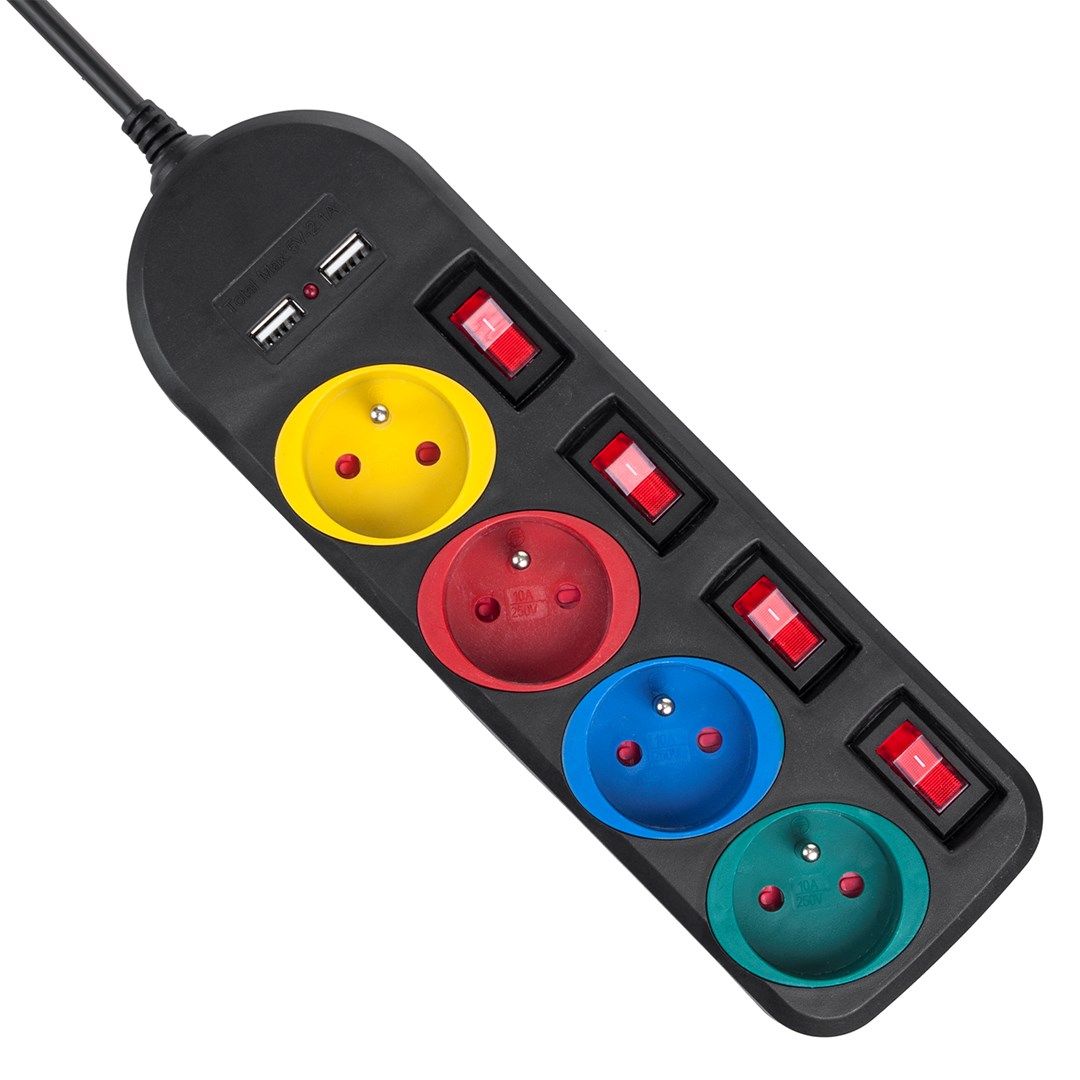 Maclean power strip  4-socket extension cable + 2xUSB  with switches  250VAC/10A  2.1A 5V  1.5m  black  MCE229 B