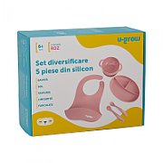 Set diversificare 5 piese silicon : baveta, bol, farfurie, lingurita si furculita, roz, U-Grow