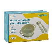 Set bol si lingurita silicon, olive, U-Grow