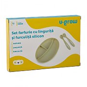 Set farfurie cu lingurita si furculita silicon, olive,U-Grow