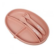 Set farfurie cu lingurita si furculita silicon, roz , U-Grow