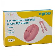 Set farfurie cu lingurita si furculita silicon, roz , U-Grow